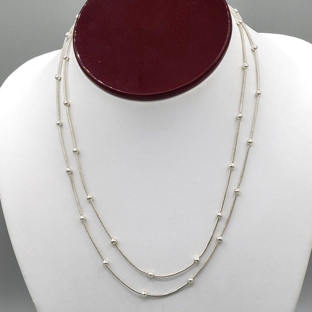 Silver Tone Stationary Small Bead Necklace Lobster Clasp Length 24"